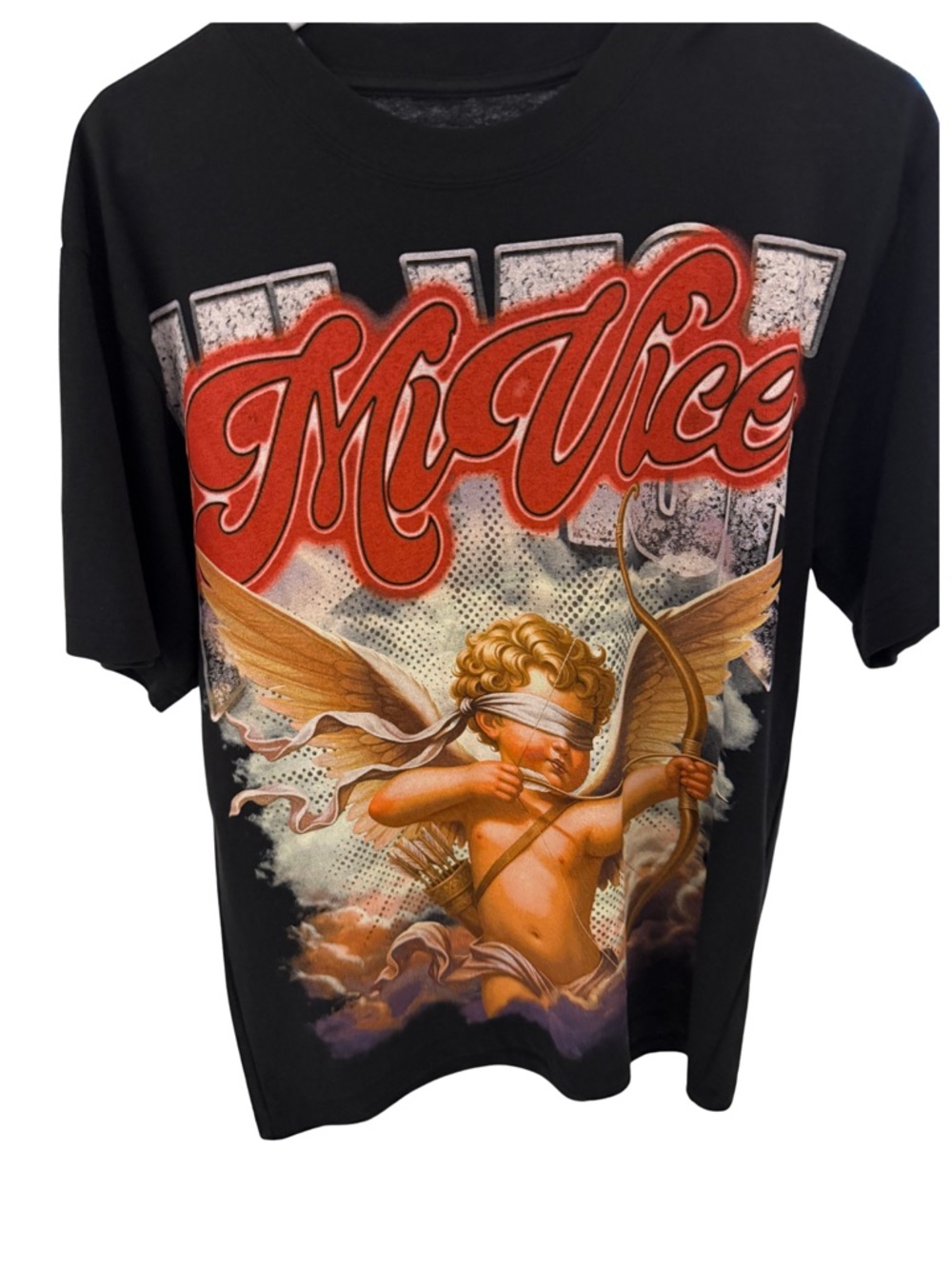 Mi-Vice Graphic Tee with Cherub Motif - Black & Red